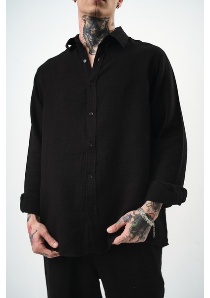 Erkek Uzun Kol Oversize Müslin Gömlek Siyah fırsatları