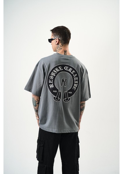 Erkek R Creative Nakışlı Oversize T-Shirt Füme