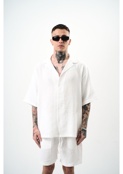 Erkek Kısa Kol Oversize Müslin Gömlek Beyaz