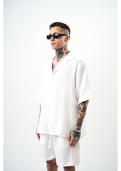 Erkek Kısa Kol Oversize Müslin Gömlek Beyaz fiyatları