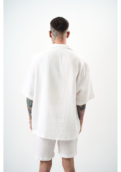 Erkek Kısa Kol Oversize Müslin Gömlek Beyaz modelleri