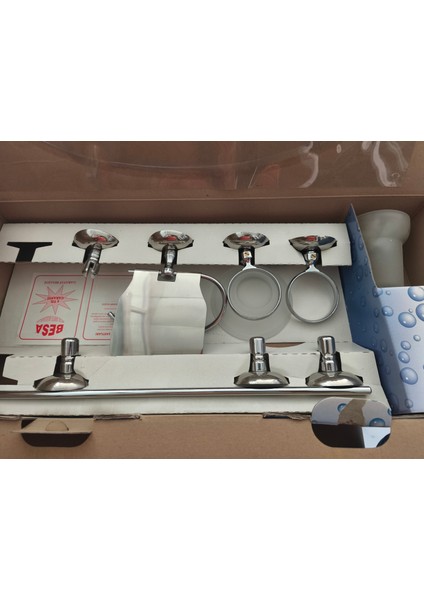 6'li Vidalı Banyo Aksesuar Seti, Kağıtlık+Havluluk+Sabunluk+Diş Fırçalık+Ayna Önü+Uzun Askı