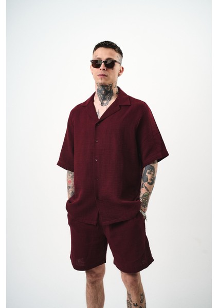 Erkek Kısa Kol Oversize Müslin Gömlek Bordo