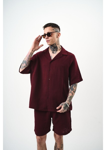 Erkek Kısa Kol Oversize Müslin Gömlek Bordo fiyatları