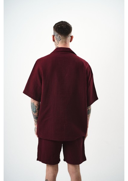 Erkek Kısa Kol Oversize Müslin Gömlek Bordo modelleri