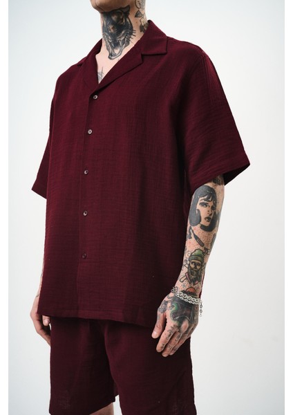 Erkek Kısa Kol Oversize Müslin Gömlek Bordo fırsatları