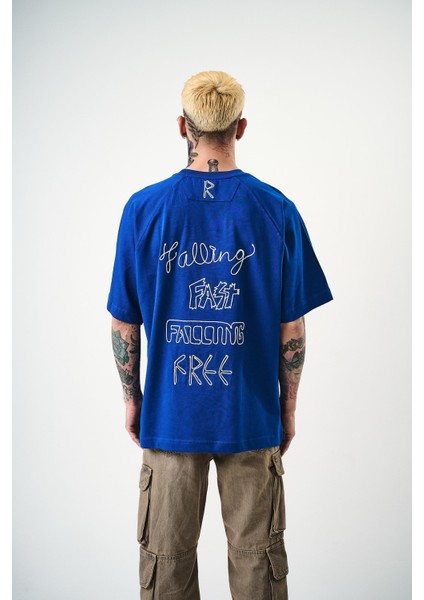 Erkek Fast Nakışlı Oversize T-Shirt Saks