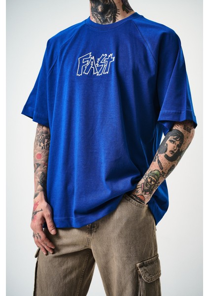 Erkek Fast Nakışlı Oversize T-Shirt Saks indirimleri