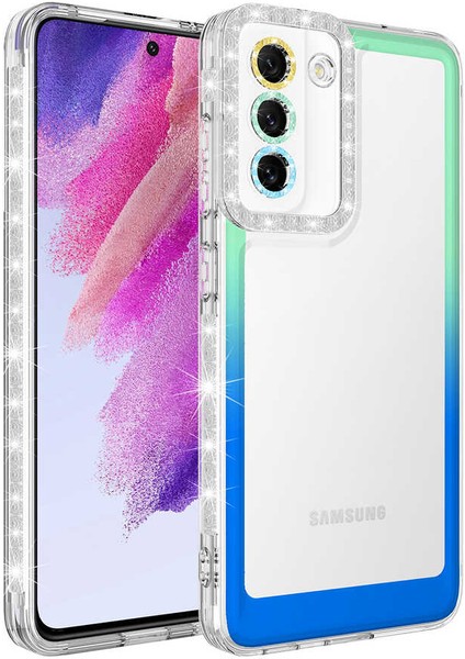 Galaxy S21 Fe Kılıf Simli ve Renk Geçiş Tasarımlı Lens Korumalı Mkst Park Kapak-Yeşil-Mavi