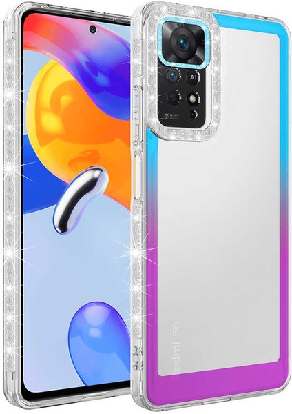 Xiaomi Redmi Note 11 Pro 5g Kılıf Simli ve Renk Geçiş Tasarımlı Lens Korumalı Mkst Park Kapak-Mavi-Mor