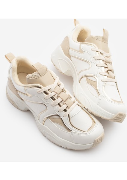 Kadın Sneaker Kalın Taban Bağcıklı Çok Parçalı Spor Ayakkabı Luser Bej
