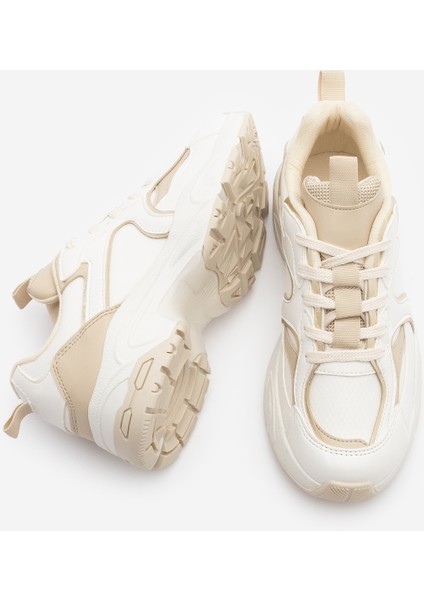 Kadın Sneaker Kalın Taban Bağcıklı Çok Parçalı Spor Ayakkabı Luser Bej