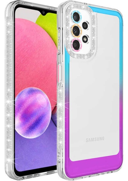 Galaxy A32 4g Kılıf Simli ve Renk Geçiş Tasarımlı Lens Korumalı Mkst Park Kapak-Mavi-Mor