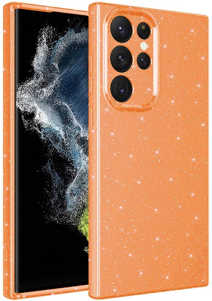 Galaxy S22 Ultra Kılıf Kamera Korumalı Simli Lüks Mkst Koton Kapak-Turuncu