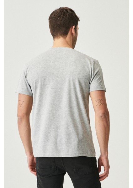 Erkek Gri Melanj Pamuklu Slim Fit Dar Kesim Bisiklet Yaka Tişört