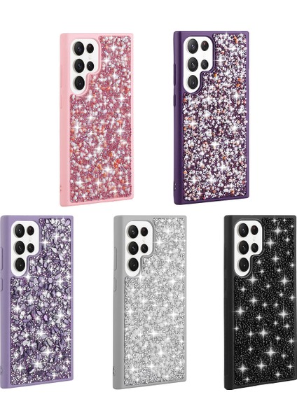 Galaxy S23 Ultra Kılıf Parlak Taşlı Tasarım Mkst Linea Kapak-Pembe