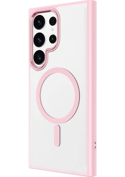Galaxy S24 Ultra Kılıf Magsafe Şarj Özellikli Mkst Krom Magsafe Silikon Kapak-Pembe