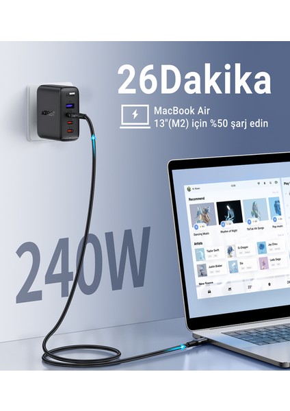 USB-C to USB-C 240W Güç Destekli - 40Gbps Video/ses iletimi - C1-09 (Acefast Türkiye Garantili)