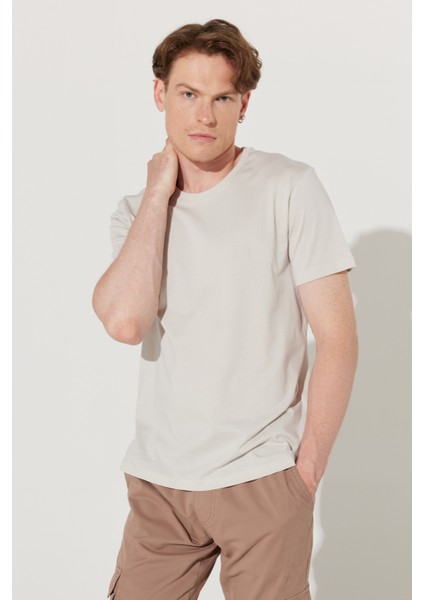 Erkek Gri Slim Fit Dar Kesim %100 Pamuk Bisiklet Yaka Tişört