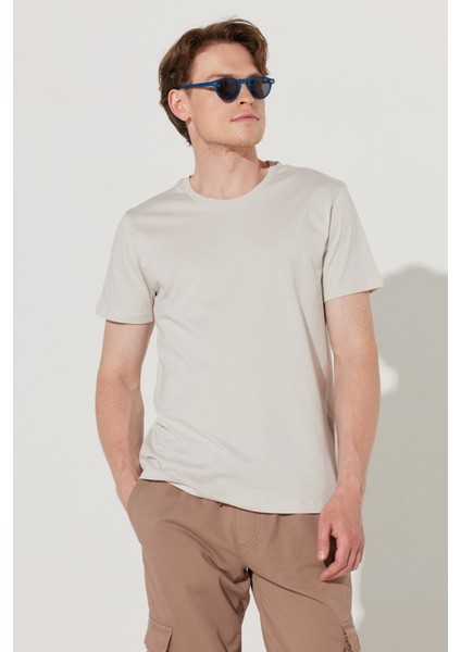 Erkek Gri Slim Fit Dar Kesim %100 Pamuk Bisiklet Yaka Tişört