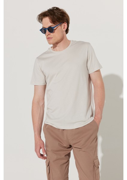 Erkek Gri Slim Fit Dar Kesim %100 Pamuk Bisiklet Yaka Tişört