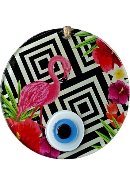 Pembe Flamingolu Çiçekli Nazar Boncuklu 15 Santimetre Çapında Duvar Süsü