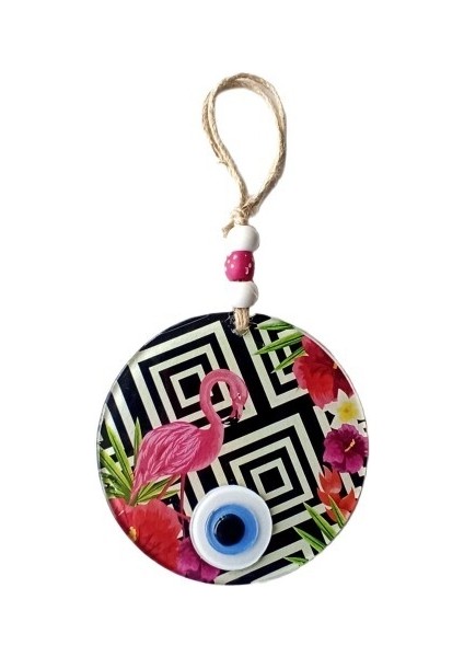 Pembe Flamingolu Çiçekli Nazar Boncuklu 15 Santimetre Çapında Duvar Süsü fiyatları