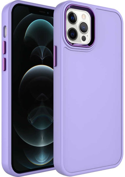 iPhone 13 Pro Max Uyumlu Metal Çerçeve ve Buton Tasarımlı Sert Mkst Botox Kapak-Lila