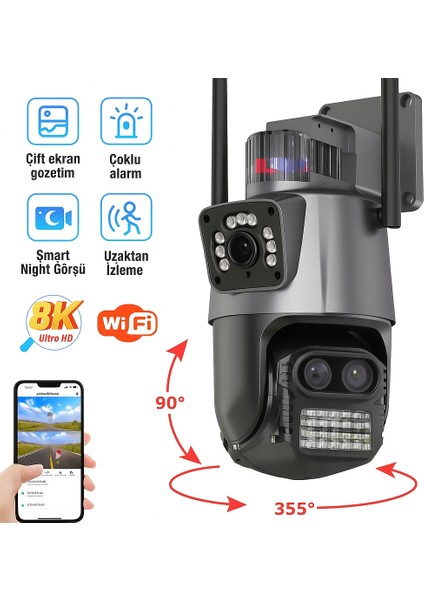 Cmr-45 Wi-Fi Destekli 8x Zoom Dış Mekan Güvenlik Kamerası 3 Lensli Hareket Takipli, Gece Görüşlü