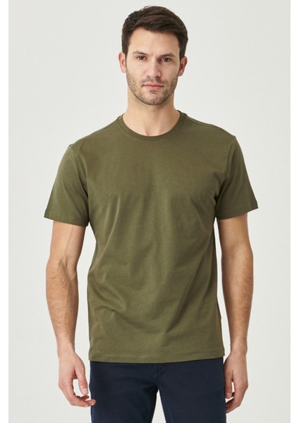 Erkek Haki %100 Pamuk Slim Fit Dar Kesim Bisiklet Yaka Tişört fırsatları