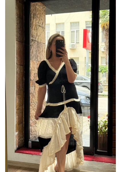 Fisto Püskül Detaylı Önü Kısa Keten Karışımlı Elbise Siyah Ekru