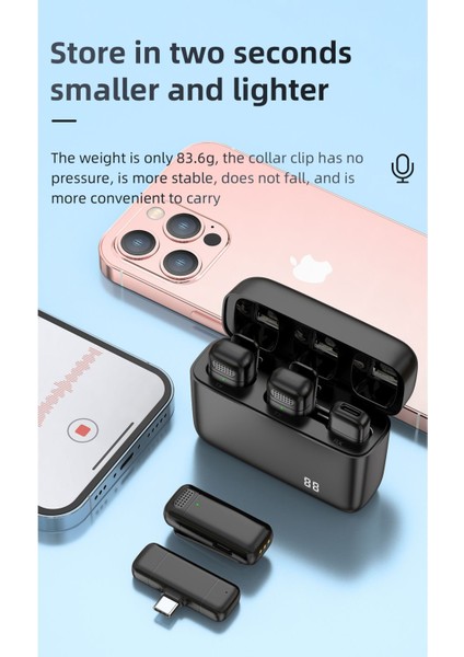 Ikili Type-C ve Iphone Uyumlu Şarj Kutulu Gürültü Azaltma Tiktok Kablosuz Yaka Mikrofonu