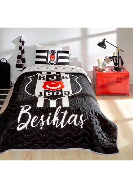 Taraftar Lisanslı Pamuklu Tek Kişilik Yatak Örtüsü Seti (160X230)-BEŞIKTAŞ Stripe