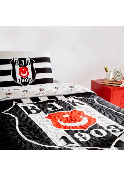 Taraftar Lisanslı Pamuklu Tek Kişilik Yatak Örtüsü Seti (160X230)-BEŞIKTAŞ Stripe