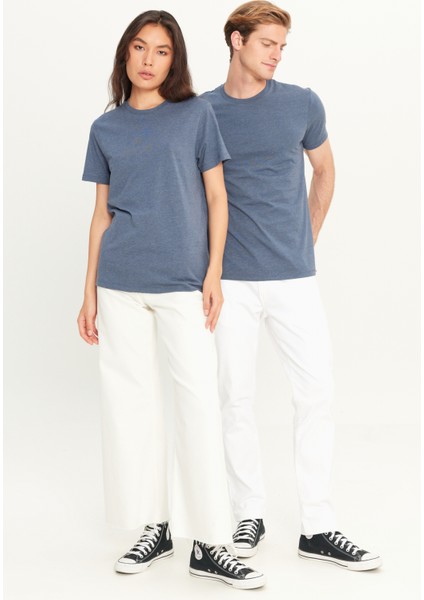Erkek Indigo Melanj Pamuklu Slim Fit Dar Kesim Bisiklet Yaka Tişört fırsatları