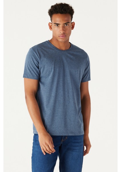 Erkek Indigo Melanj Pamuklu Slim Fit Dar Kesim Bisiklet Yaka Tişört indirimleri