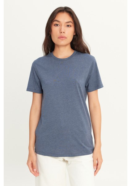 Erkek Indigo Melanj Pamuklu Slim Fit Dar Kesim Bisiklet Yaka Tişört