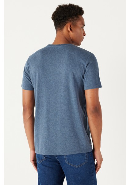 Erkek Indigo Melanj Pamuklu Slim Fit Dar Kesim Bisiklet Yaka Tişört