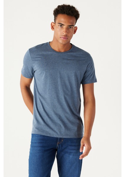 Erkek Indigo Melanj Pamuklu Slim Fit Dar Kesim Bisiklet Yaka Tişört