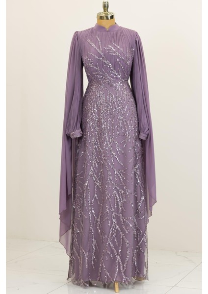 Kolları Pelerinli Ezgi Tesettür Abiye Lila