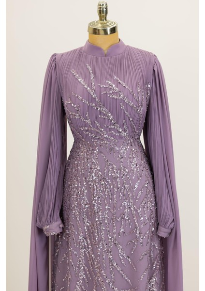 Kolları Pelerinli Ezgi Tesettür Abiye Lila fiyatları