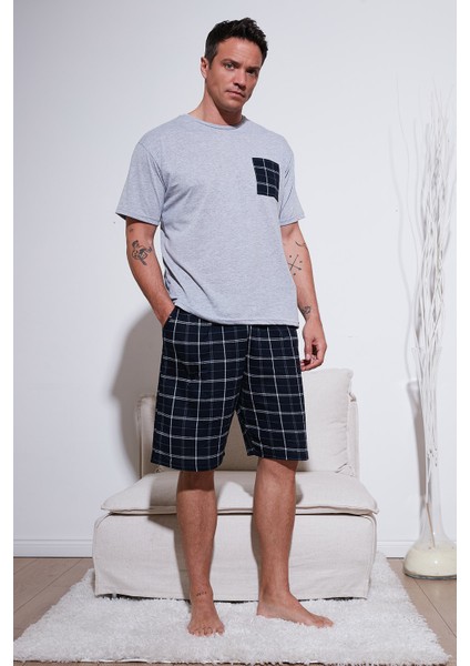 Kareli Regular Fit Pamuklu Bisiklet Yaka Kısa Kollu Şortlu Pijama Takımı Erkek Pijama Takımı 6572020