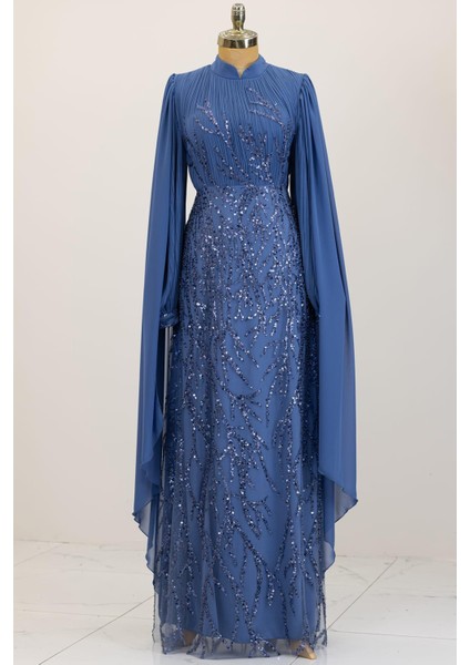 Kolları Pelerinli Ezgi Tesettür Abiye Indigo