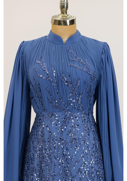 Kolları Pelerinli Ezgi Tesettür Abiye Indigo fiyatları