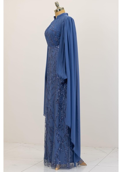 Kolları Pelerinli Ezgi Tesettür Abiye Indigo modelleri