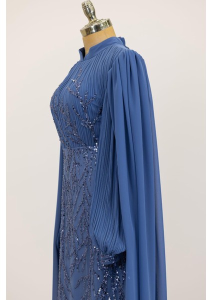 Kolları Pelerinli Ezgi Tesettür Abiye Indigo fırsatları