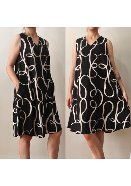 V Yaka Siyah Beyaz Desenli Sıfır Kol Maksi Elbise