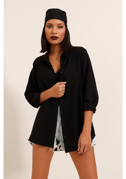Siyah Oversize Uzun Basic Dokuma Gömlek