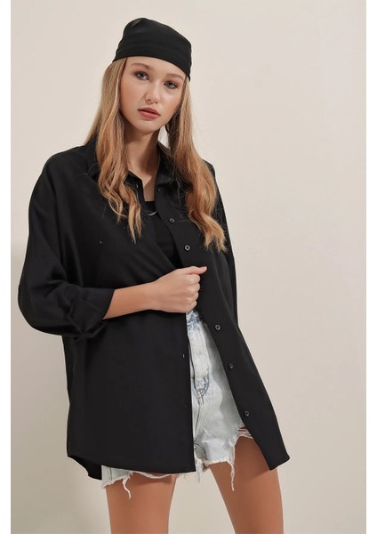 Siyah Oversize Uzun Basic Dokuma Gömlek