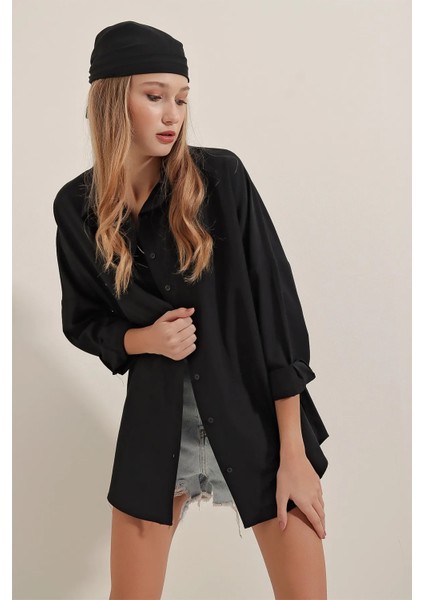 Siyah Oversize Uzun Basic Dokuma Gömlek